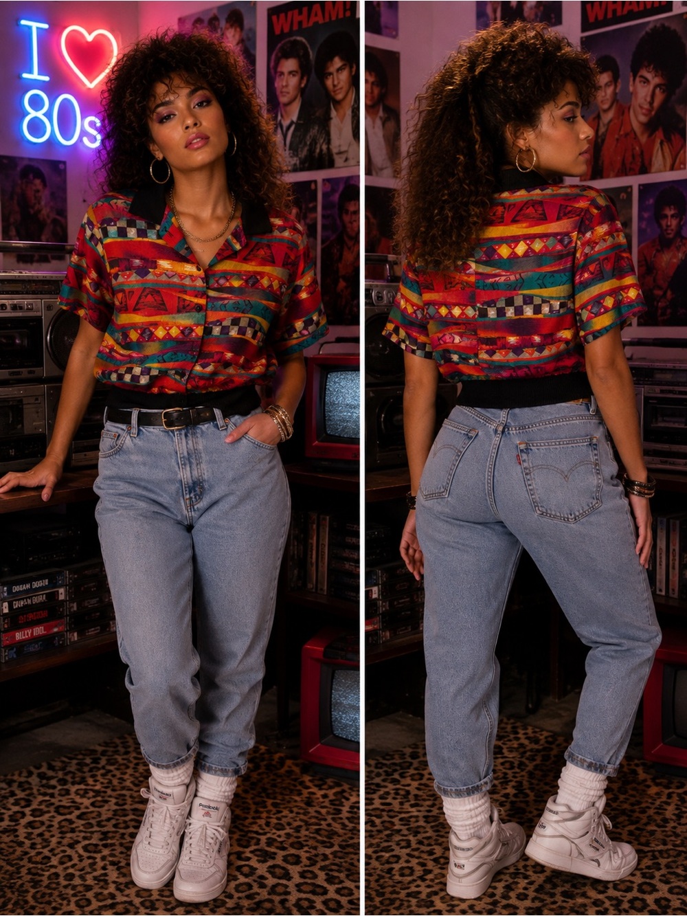 80s Vintage Retro Tribal Western Button Dowb Collared Shirt Cowgirl